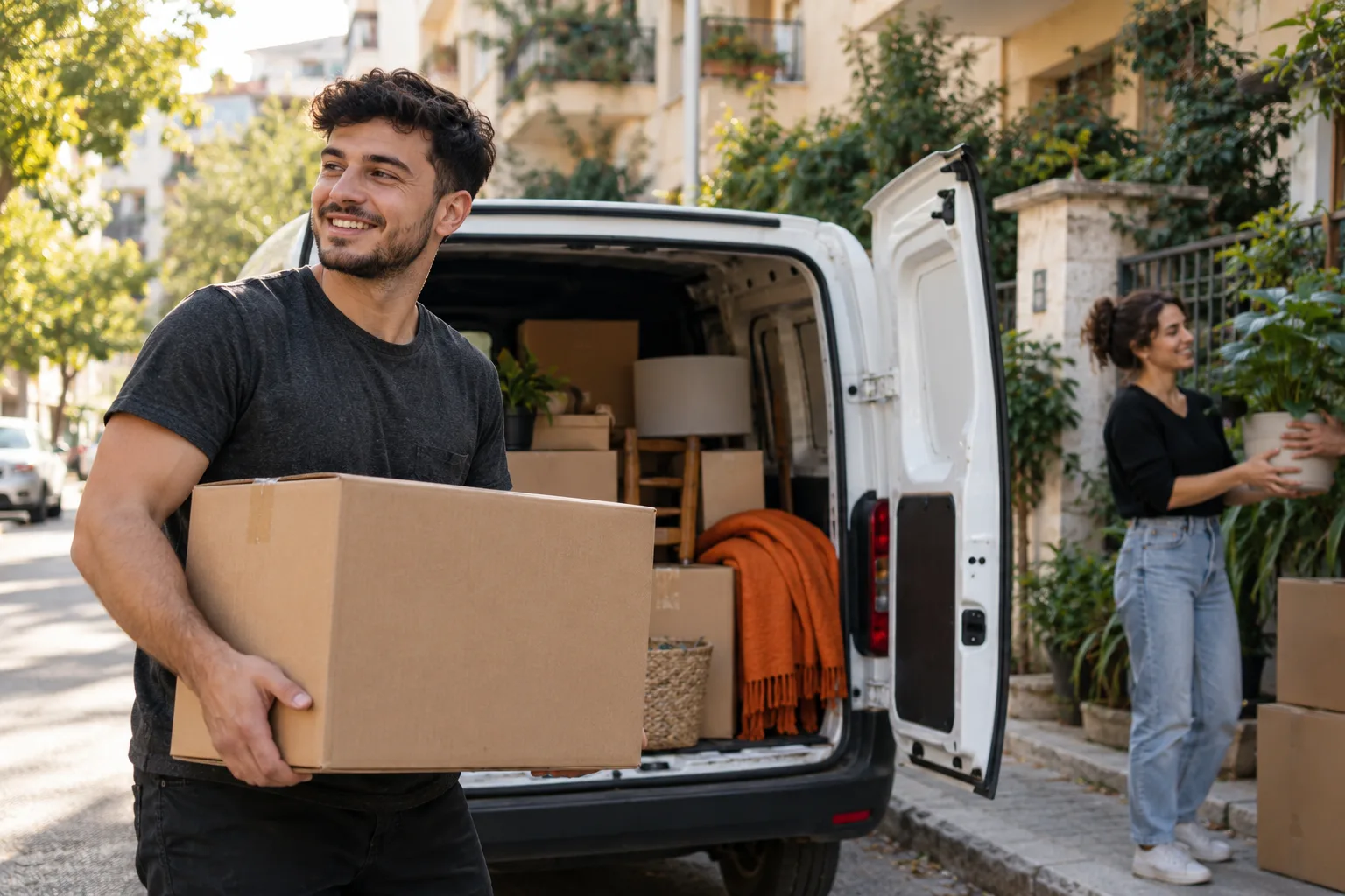 A neighbor carrying a box beside a van on a leafy residential street.