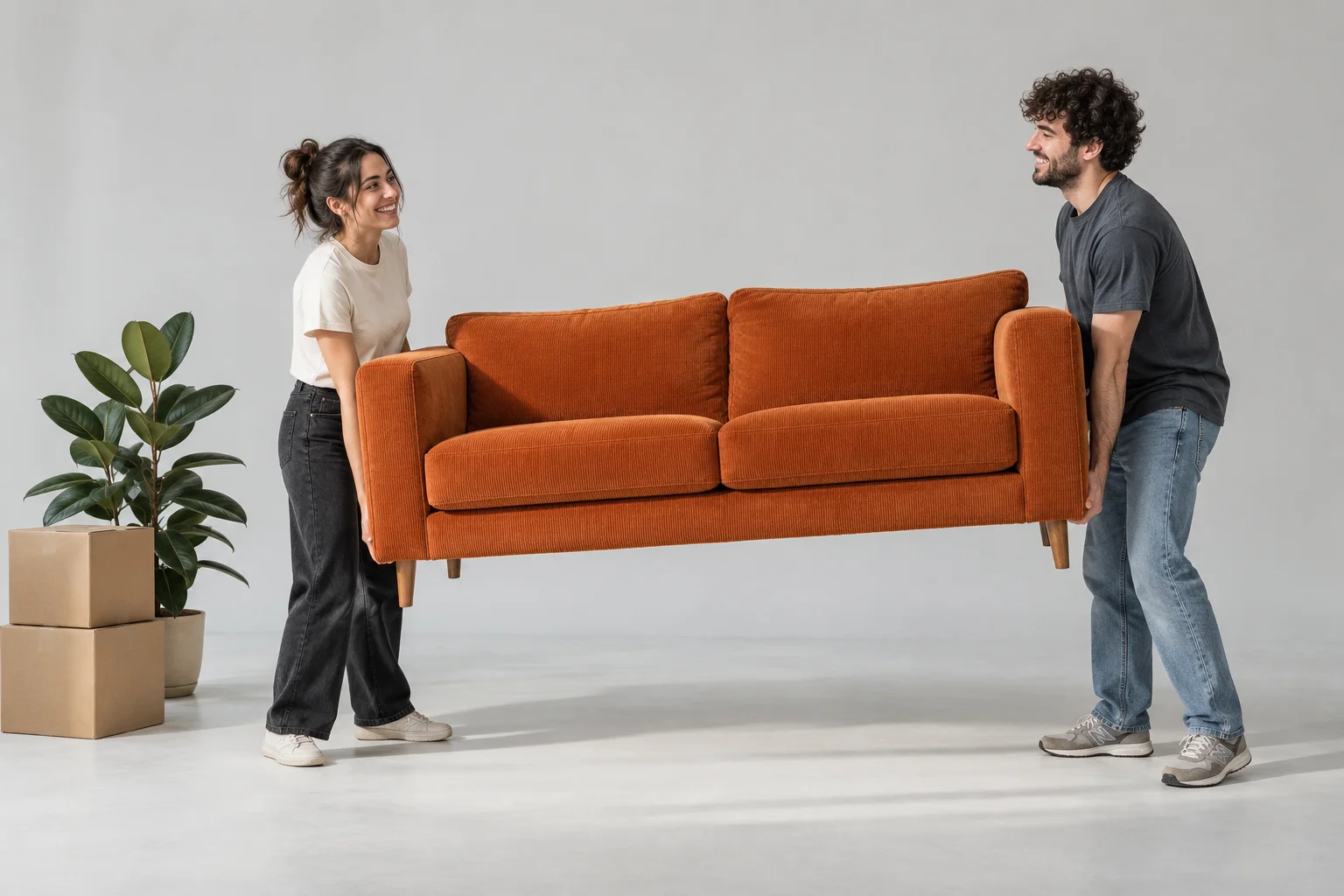 Two neighbors lifting an orange sofa, with moving boxes and a houseplant nearby.
